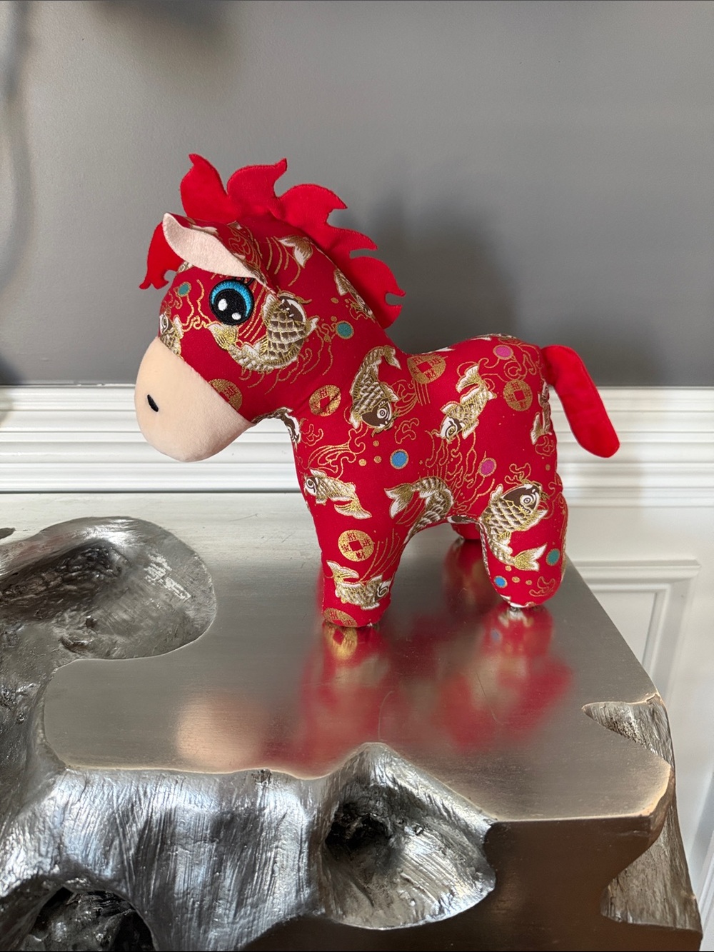 Chinese Yeat of the Fire Horse Red Decorative Plush Horse with Gold Fish Pattern